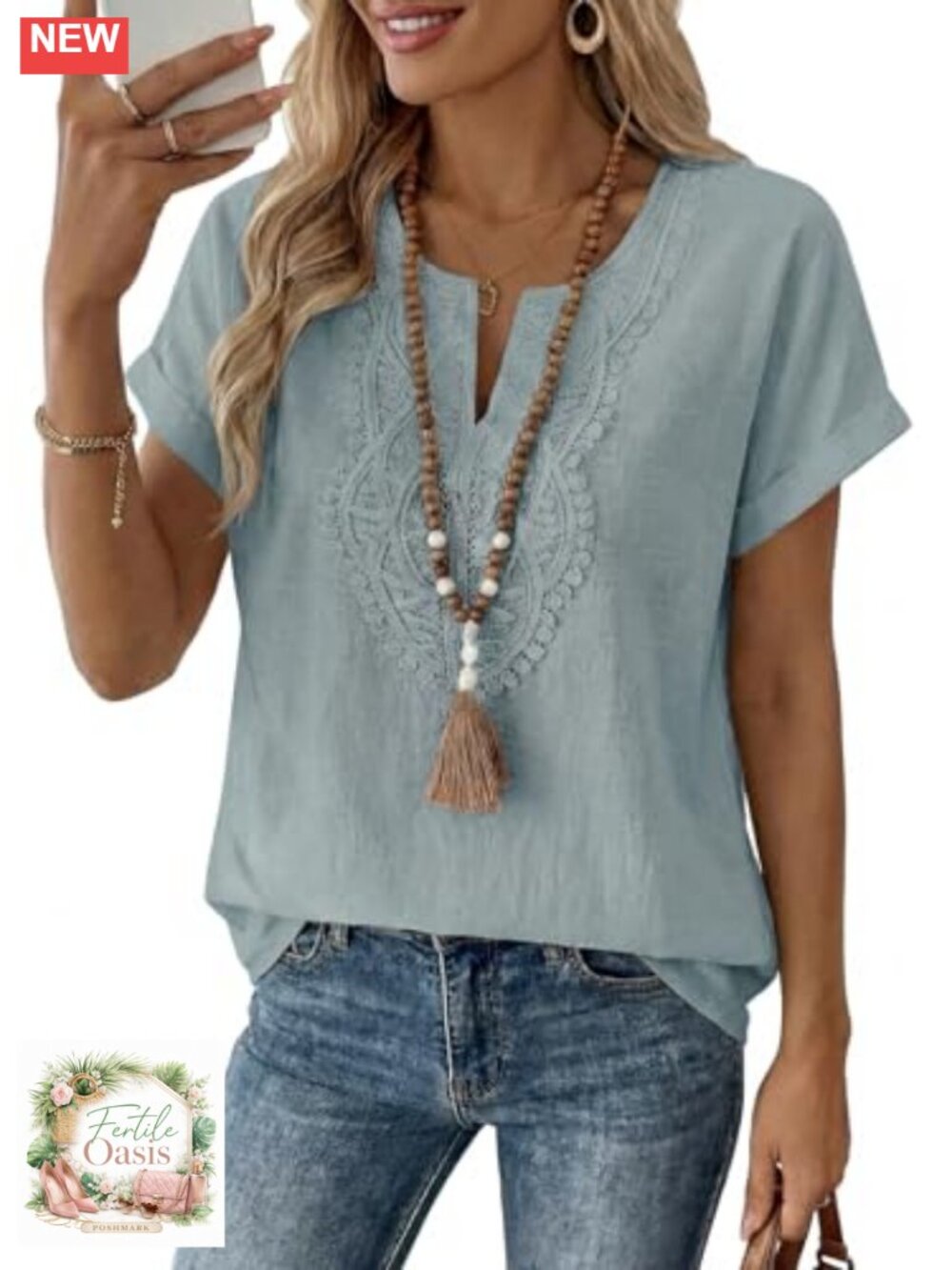 Women's Crochet Boho T-Shirt with Notched V-Neck Short Sleeve Loose Fit